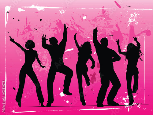 Silhouettes of people dancing on grunge background