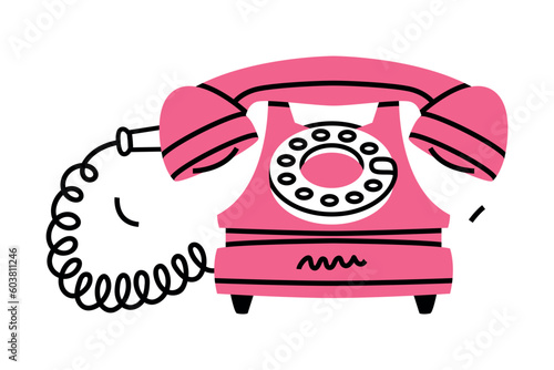 Pink Landline or Wireline Home Phone as Telephone Connection Vector Illustration