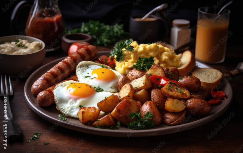 Breakfast with sausages eggs and potatoes with vegetables created with Generative AI technology