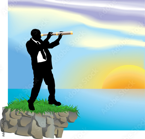 Conceptual piece. A business man looking through a telescope at new horizons.