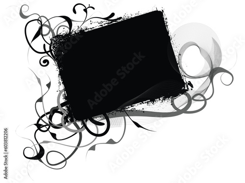 black grunge background with swirls, vines and leaves