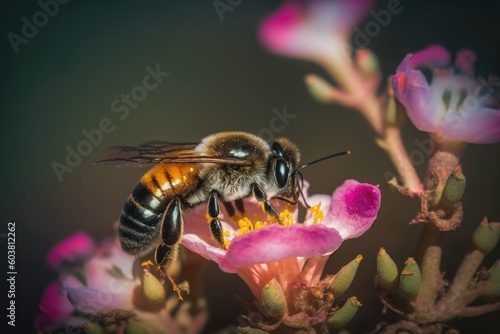 bee perched on a vibrant pink flower. Generative AI