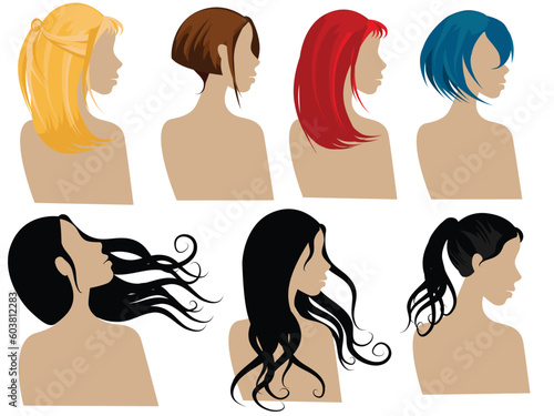 illustration of female hair styles with different colors