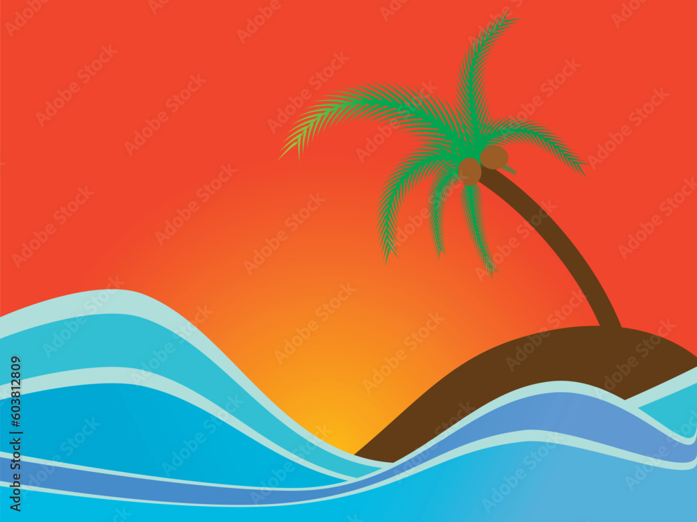 Vector - Colorful island with a coconut tree in an ocean.
