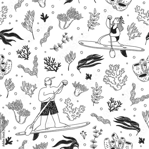 Pattern with girl and boy surfing on sup boards, corals and seaweed. Vector seamless hand-drawn texture.