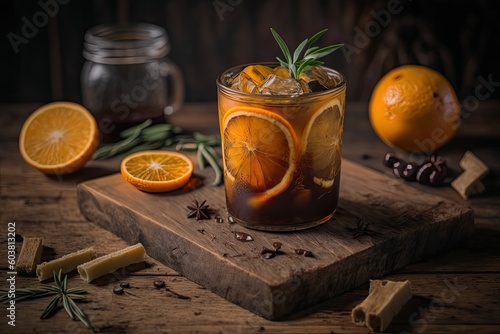 spiced orange drink with fresh orange slices on a wooden cutting board. Generative AI