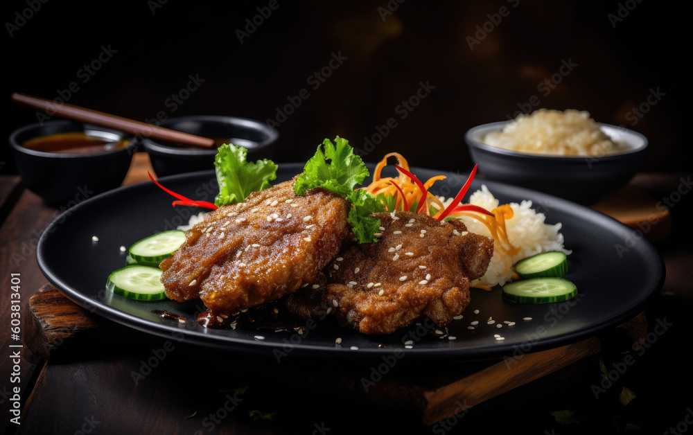 Fototapeta premium Fried veal with chili with onion cucumber sesame created with Generative AI technology