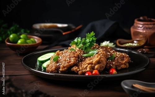 Fried veal with chili with onion cucumber sesame created with Generative AI technology