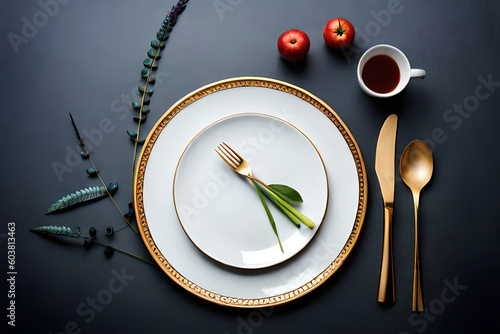 White plate and cutlery on wood table. Luxury table setting top view
