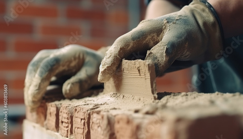 close up hand of bricklayer industrial worker installing brick masonry © IMRON HAMSYAH
