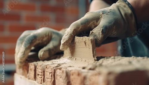 close up hand of bricklayer industrial worker installing brick masonry