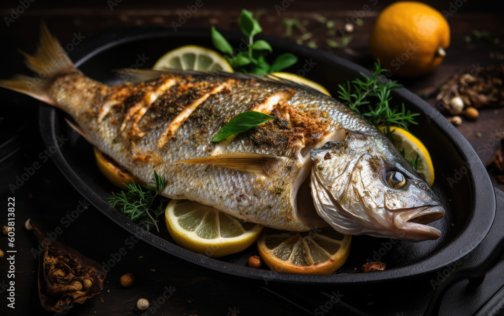 Grilled dorada fish created with Generative AI technology Grilled dorada fish created with Generative AI technology