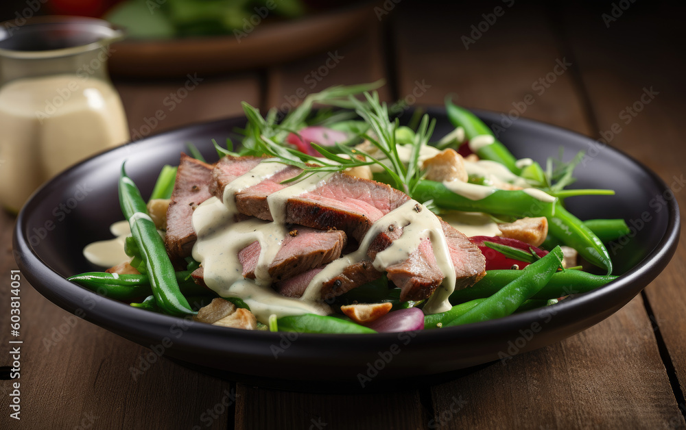 Grilled meat salad with green beans created with Generative AI technology Grilled meat salad with green beans created with Generative AI technology