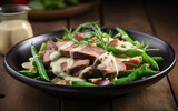Grilled meat salad with green beans created with Generative AI technology
