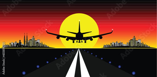 Vector - Brightly lit modern city with plane landing on a runway at sunset.