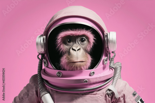 Fototapeta Close up image of a chimpanzee in a spacesuit with copy space