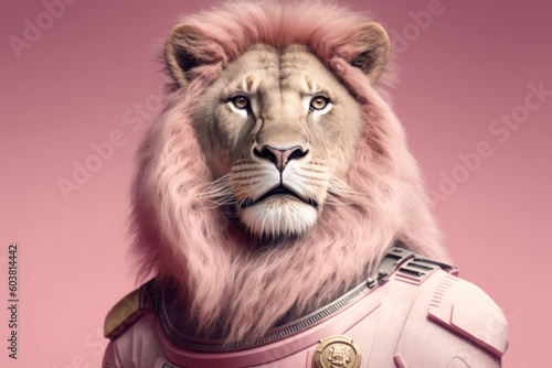Close up image of a lion in a spacesuit with copy space. Minimalist style portrait of a cute lion in an astronaut's helmet over pink background. Concept of a lion space traveler. Generative AI