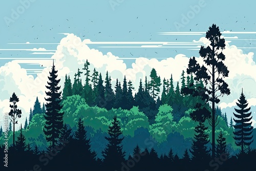 peaceful forest landscape with tall trees and fluffy clouds in the sky. Generative AI