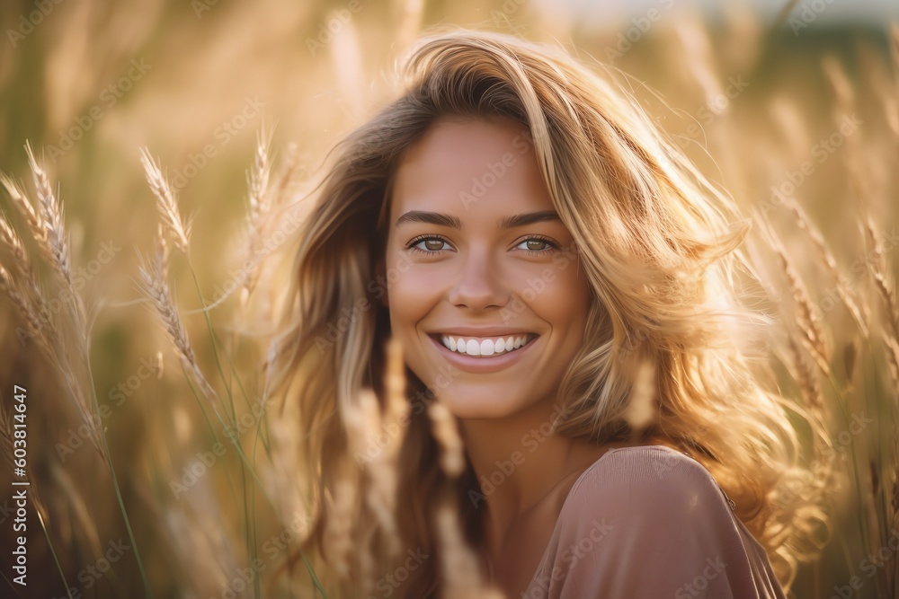 portrait of a woman in the field, beautiful smile portrait of a woman in the field, beautiful smile