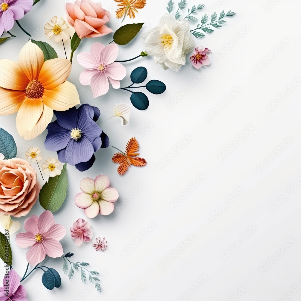 A stunning composition of vibrant flowers gracing a serene white background A stunning composition of vibrant flowers gracing a serene white background