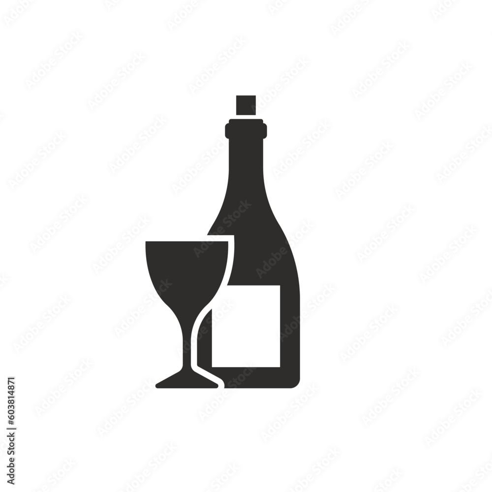 wine bottle with glass icon, flat vector illustration on a white background wine bottle with glass icon, flat vector illustration on a white background