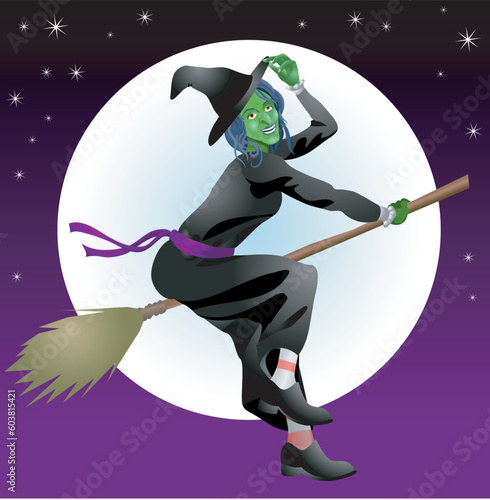 An illustration of a scary Halloween with riding her broomstick
