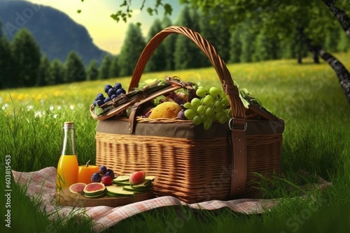 relaxing picnic in a green field with a basket of fruits and a bottle of juice. Generative AI