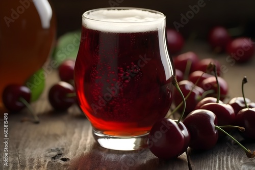 Glass of craft cherry beer and cherry berries on wooden table. Generative AI. photo