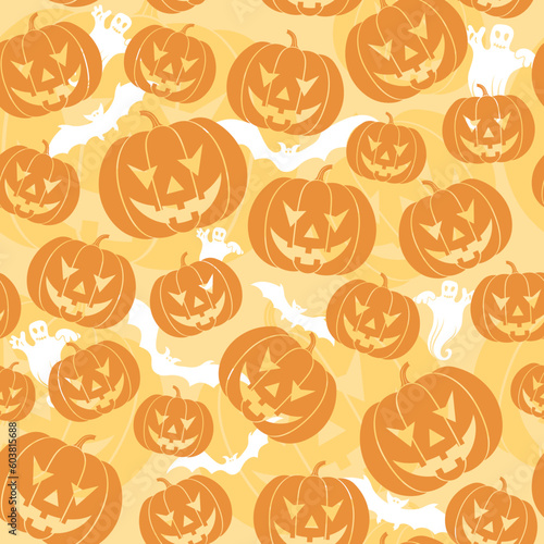 Halloween seamless background with bats, ghost & pumpkin, vector illustration