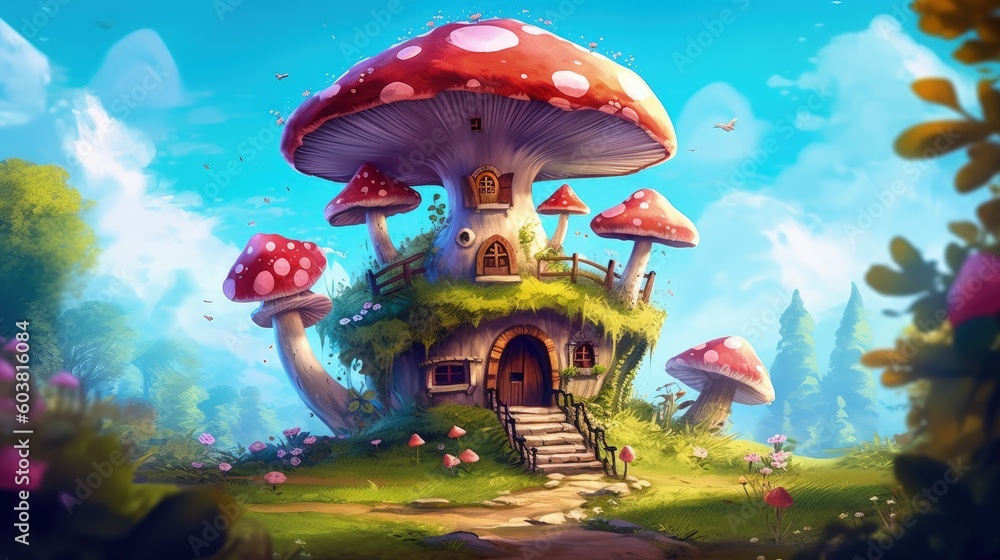 Cartoon mushroom house in a fairy tale, created by Generative AI