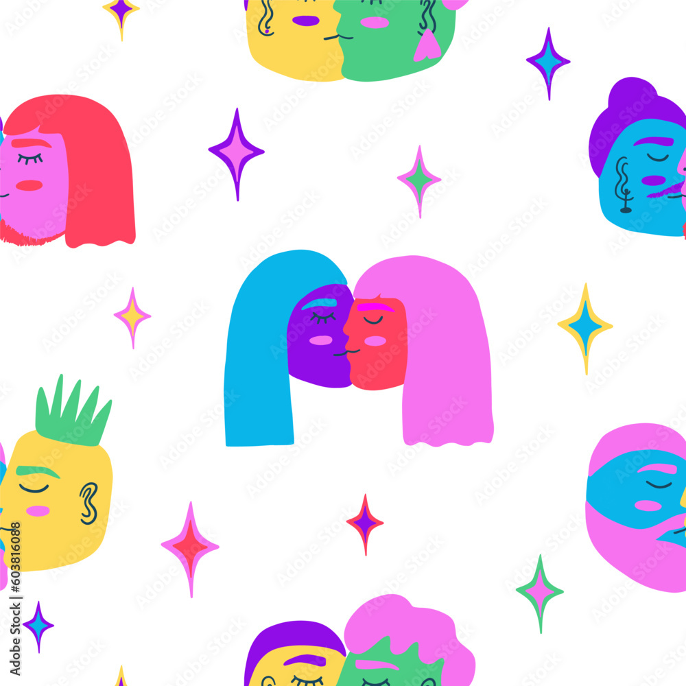 Seamless pattern with queer people kissing each other. Celebrating pride month and the LGBTQ plus community. Vibrant acid colors.
Seamless pattern with queer people kissing each other. Celebrating pride month and the LGBTQ plus community. Vibrant acid colors.