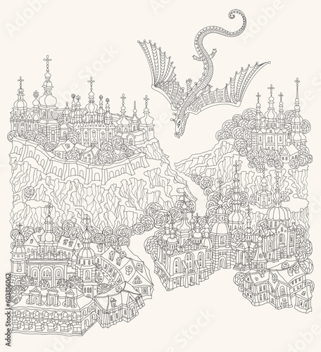 Vector fantasy landscape, fairy tale small town on the river bank, dragon in the sky. Adults Coloring Book page 