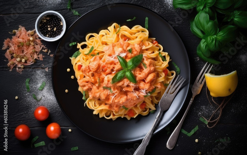 Pasta with salmon tartare and tomato sauce top view created with Generative AI technology