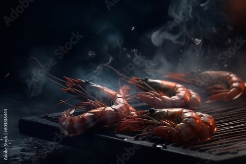 Wallpaper Mural Grilled shrimp, dark background, fire, smoke. Generative AI. Torontodigital.ca