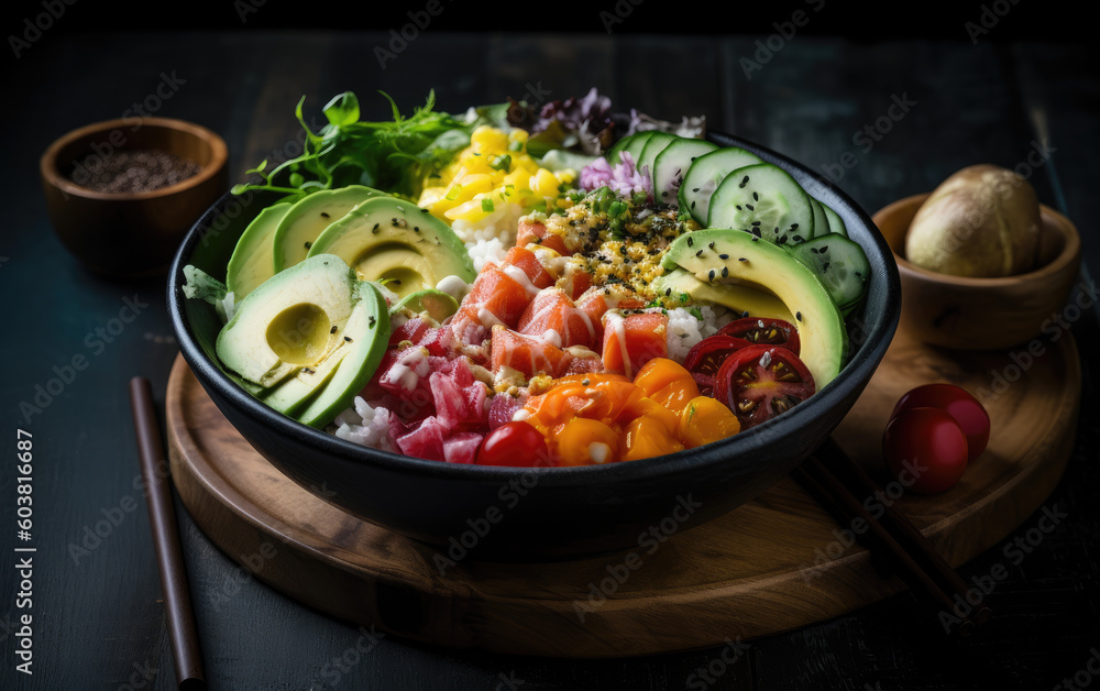 Poke bowl with smoked salmon rice avocado cucumber vegetables and cream created with Generative AI technology Poke bowl with smoked salmon rice avocado cucumber vegetables and cream created with Generative AI technology