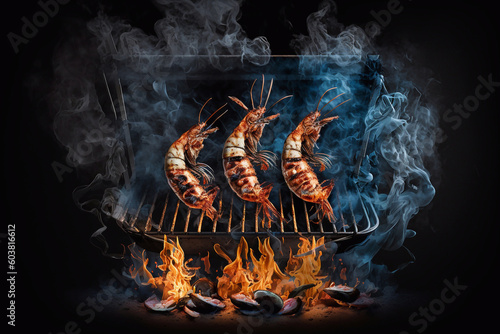 Grilled shrimp, dark background, fire, smoke. Generative AI. © Oksana