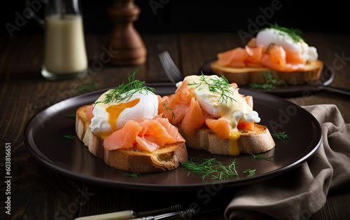 Poached eggs with smoked salmon and hollandaise sauce on slice of toast created with Generative AI technology