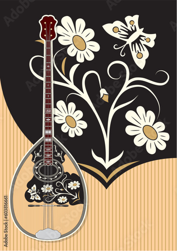 Bouzouki (Greek music string instrument) having three pairs of strings (Trichordo).  The vector version is a fully editable EPS 8 file, compressed in a zip file. No gradients or transparencies. Can be