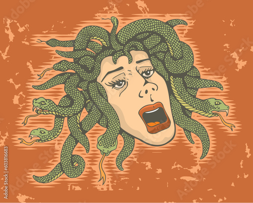 Head of Medusa, a Greek mythology gorgon killed by Perseus.  The vector version is a fully editable EPS 8 file, compressed in a zip file. No gradients or transparencies. Can be scaled to any size with