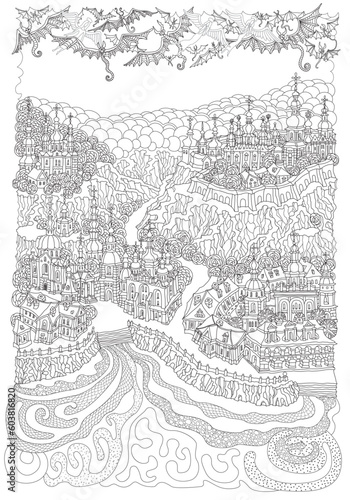 Vector fantasy landscape, fairy tale small town on the river bank, angels and demons in the sky. Adults Coloring Book page 