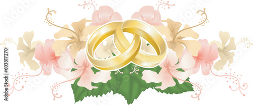 Wedding motif featuring intertwined wedding bands or rings and beautiful hibiscus flowers