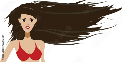 Vector - Girl in bikini posing with wind blowing in her hair, copy space to insert your text.