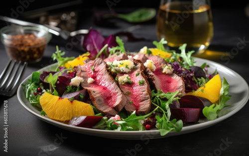 Salad with roast beef and vegetable created with Generative AI technology