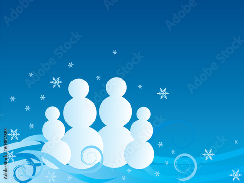 Family of snowmen against swirly snowflake blue background. © Designpics