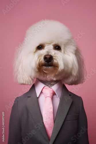 an anthropomorphic dog, smartly dressed in a suit and pink tie, mascot dressed as an executive, businessman, Generative AI © SnapVault