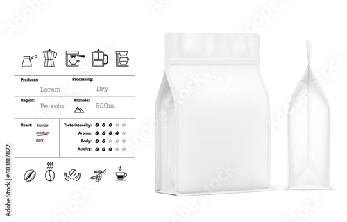 Realistic gusseted bag mockup. Vector illustration isolated on white background. Half and side views. Perfect for your design. EPS10.