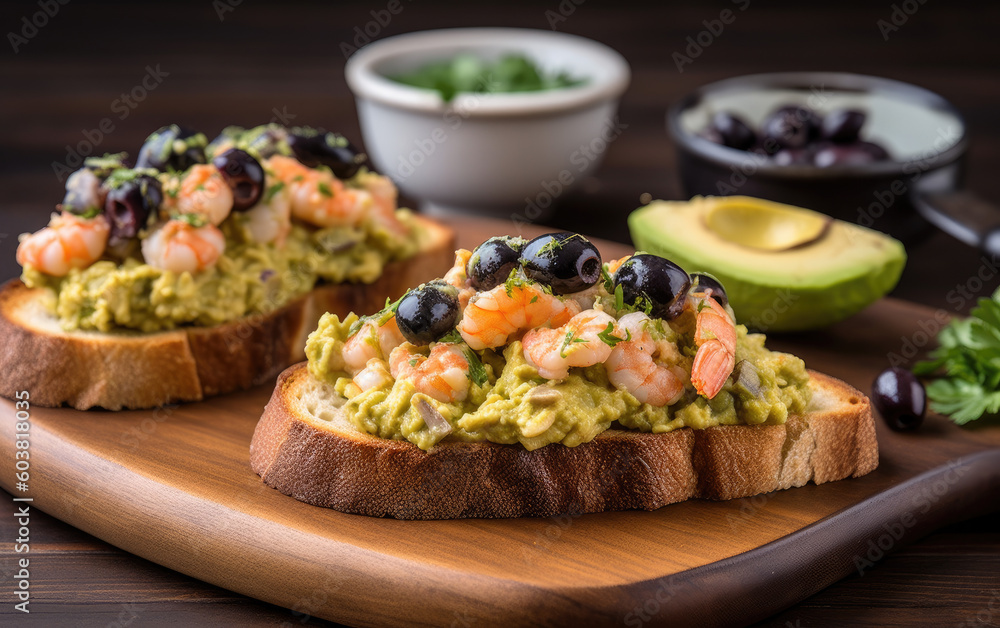 Scrambled on toast with guacamole shrimp and olives reated with Generative AI technology Scrambled on toast with guacamole shrimp and olives reated with Generative AI technology