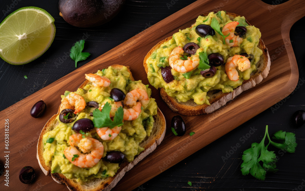 Scrambled on toast with guacamole shrimp and olives reated with Generative AI technology Scrambled on toast with guacamole shrimp and olives reated with Generative AI technology