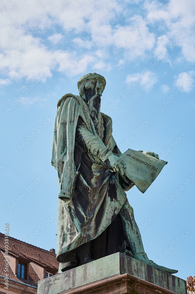 Johannes Gutenberg statue in Strasbourg. The statue was created in 1840 by the artist David d'Angers. It is made of bronze.