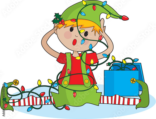 A cute little elf tangled in Christmas lights